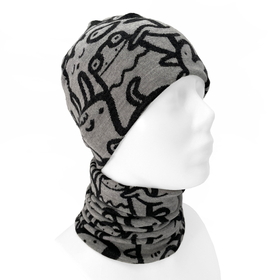 MERINO set Funny animals grey (čepice + nákrčník)