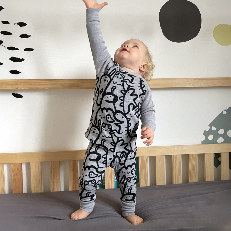 Rostoucí MERINO komplet Funny animals grey (9-24 měs.)